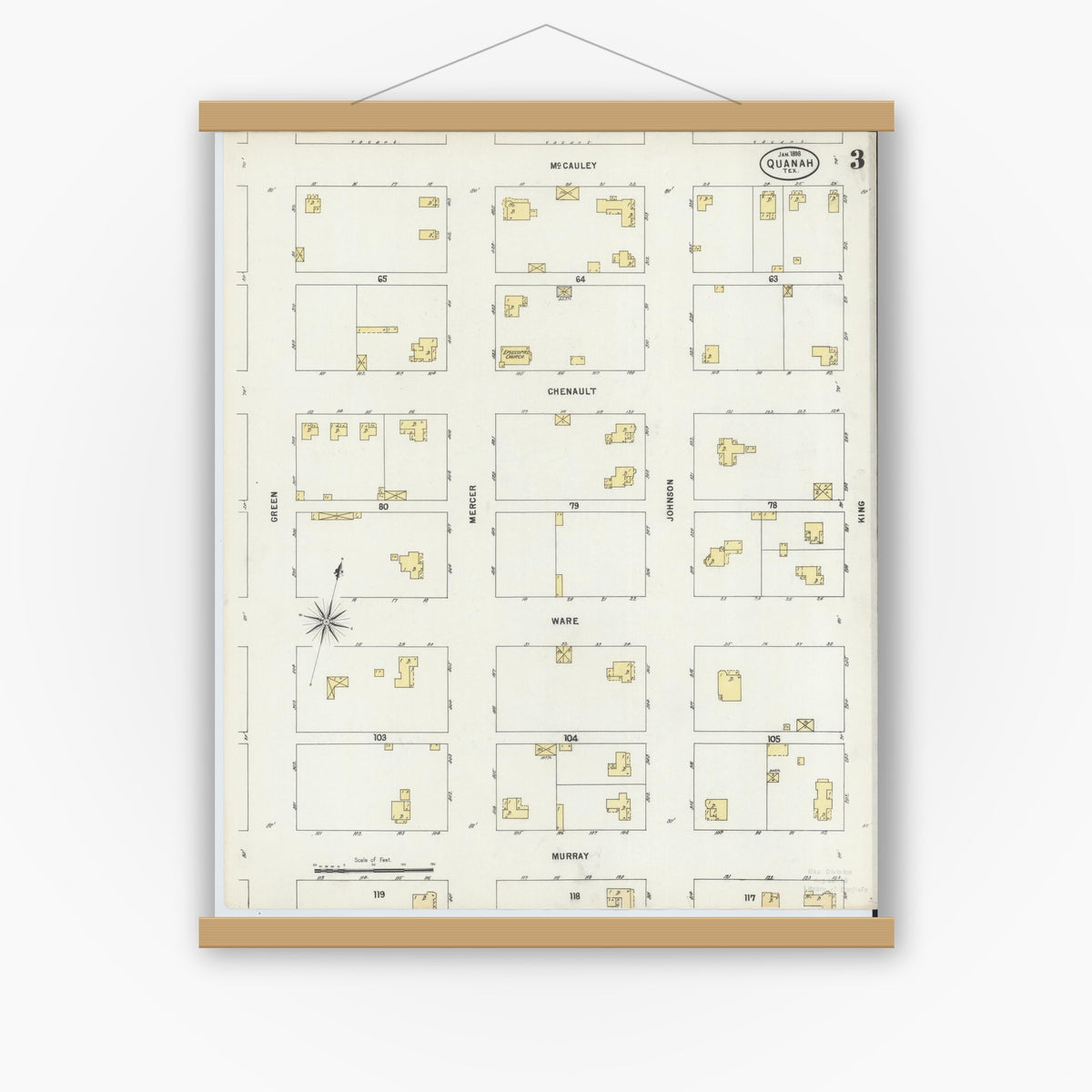 Old map wall art mockup — magnetic wood frame on white wall — Sanborn Fire Insurance Map from Quanah, Hardeman County, Texas (1898), Sheet #0003