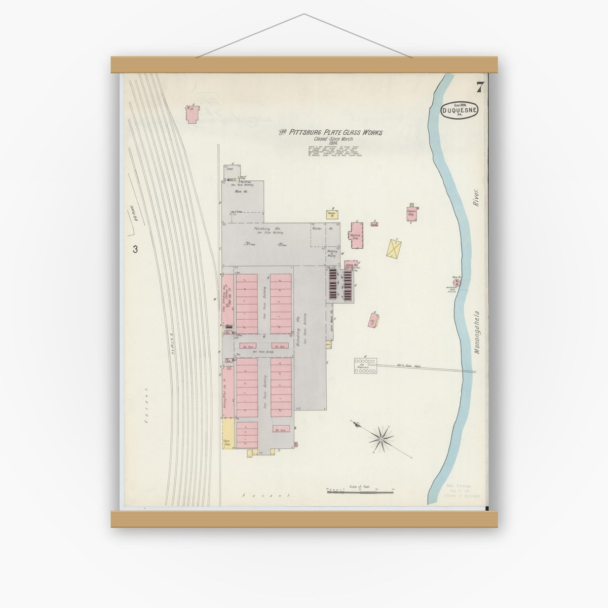 Old map wall art mockup — magnetic wood frame on white wall — Sanborn Fire Insurance Map from Duquesne, Allegheny County, Pennsylvania (1896), Sheet #0007