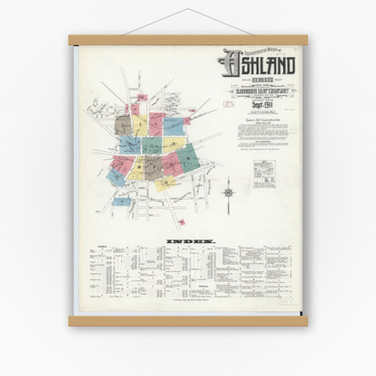 Old map wall art mockup — magnetic wood frame on white wall — Sanborn Fire Insurance Map from Ashland, Ashland County, Ohio (1911), Sheet #0001