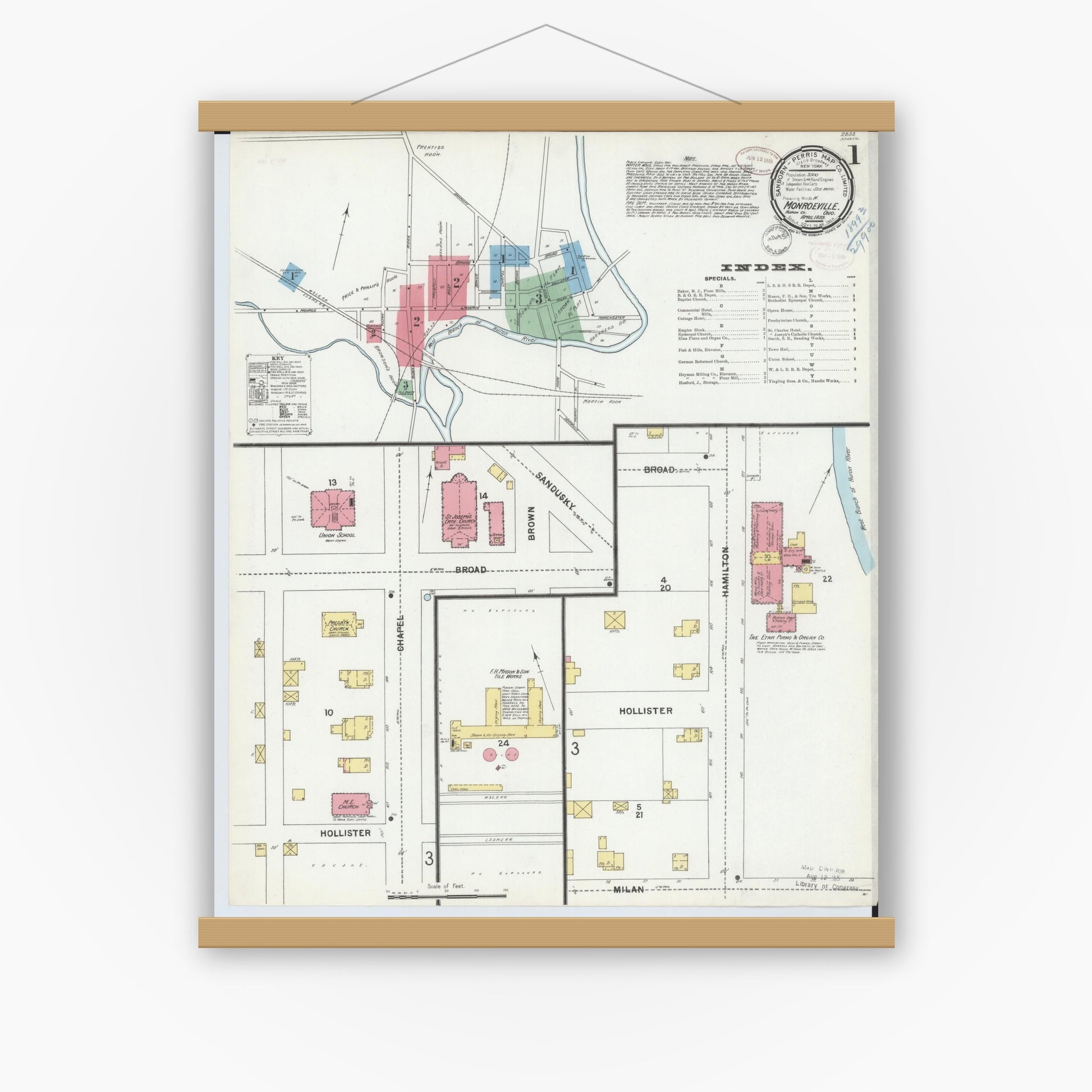 Old map wall art mockup — magnetic wood frame on white wall — Sanborn Fire Insurance Map from Monroeville, Huron County, Ohio (1899), Sheet #0001