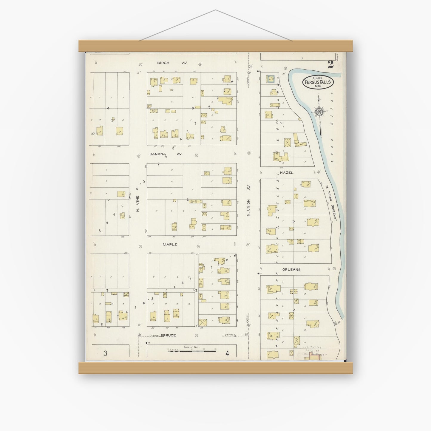 Old map wall art mockup — magnetic wood frame on white wall — Sanborn Fire Insurance Map from Fergus Falls, Otter Tail County, Minnesota (1915), Sheet #0002