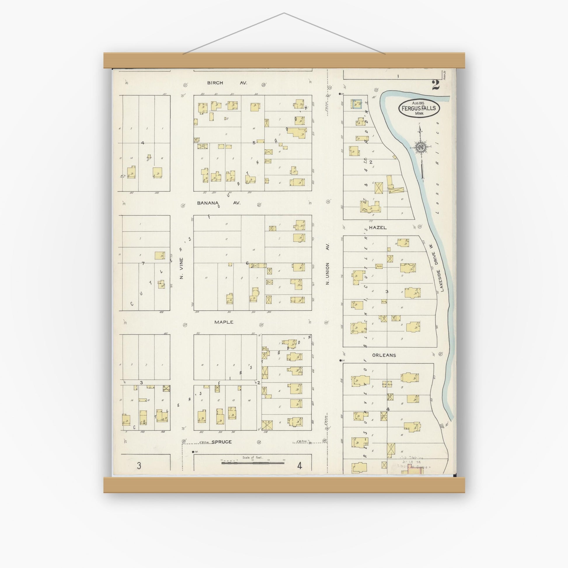 Old map wall art mockup — magnetic wood frame on white wall — Sanborn Fire Insurance Map from Fergus Falls, Otter Tail County, Minnesota (1915), Sheet #0002