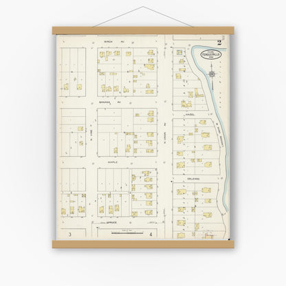 Old map wall art mockup — magnetic wood frame on white wall — Sanborn Fire Insurance Map from Fergus Falls, Otter Tail County, Minnesota (1915), Sheet #0002