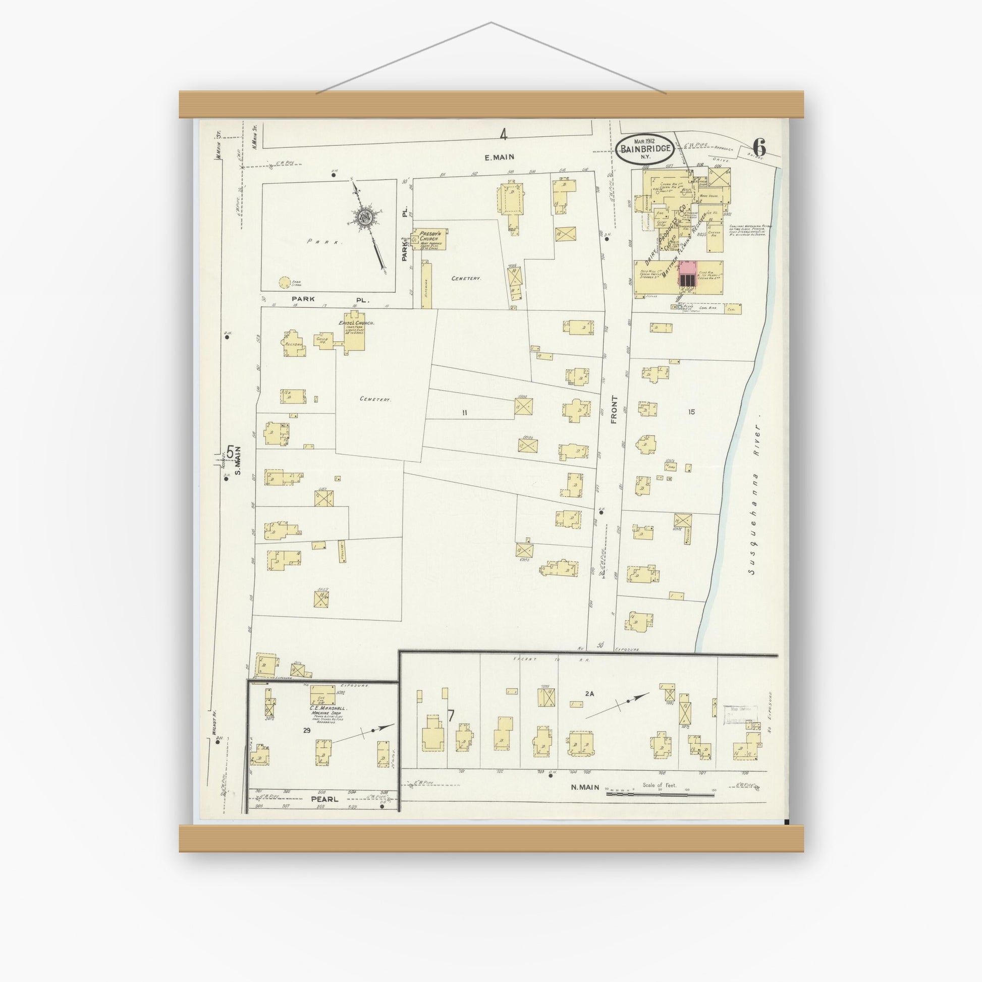 Old map wall art mockup — magnetic wood frame on white wall — Sanborn Fire Insurance Map from Bainbridge, Chenango County, New York (1912), Sheet #0006