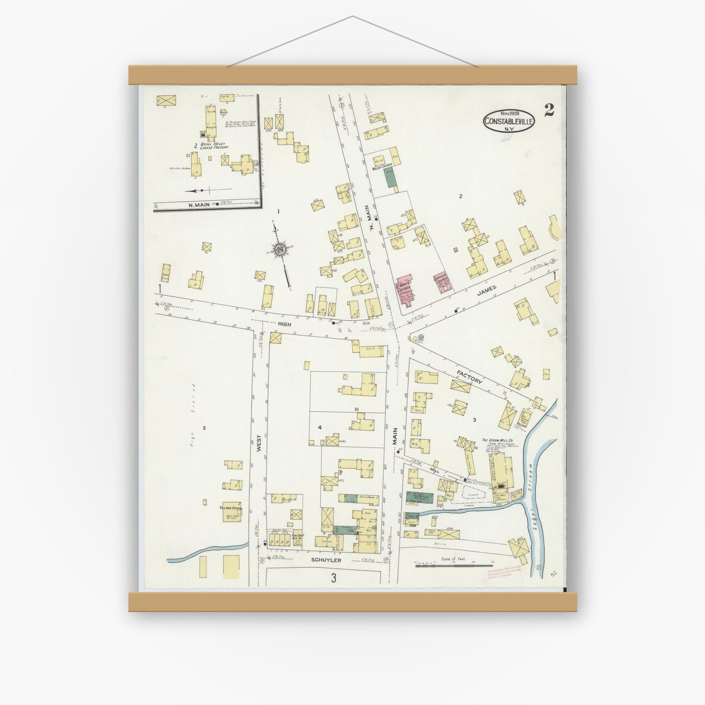 Old map wall art mockup — magnetic wood frame on white wall — Sanborn Fire Insurance Map from Constableville, Lewis County, New York (1909), Sheet #0002