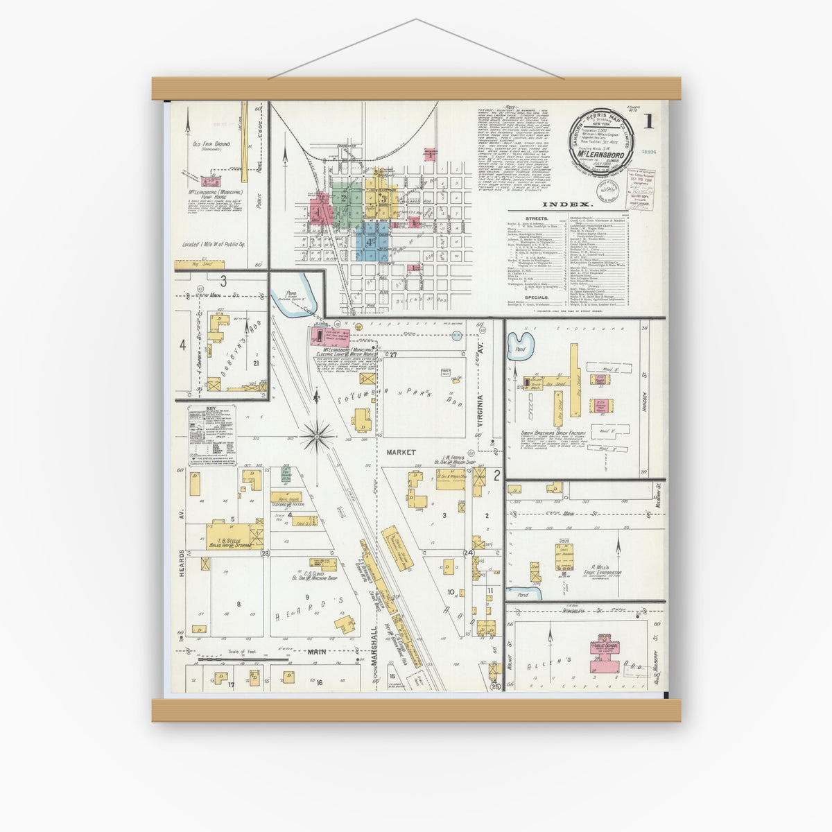 Old map wall art mockup — magnetic wood frame on white wall — Sanborn Fire Insurance Map from Mcleansboro, Hamilton County, Illinois (1900), Sheet #0001