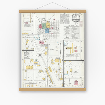 Old map wall art mockup — magnetic wood frame on white wall — Sanborn Fire Insurance Map from Mcleansboro, Hamilton County, Illinois (1900), Sheet #0001