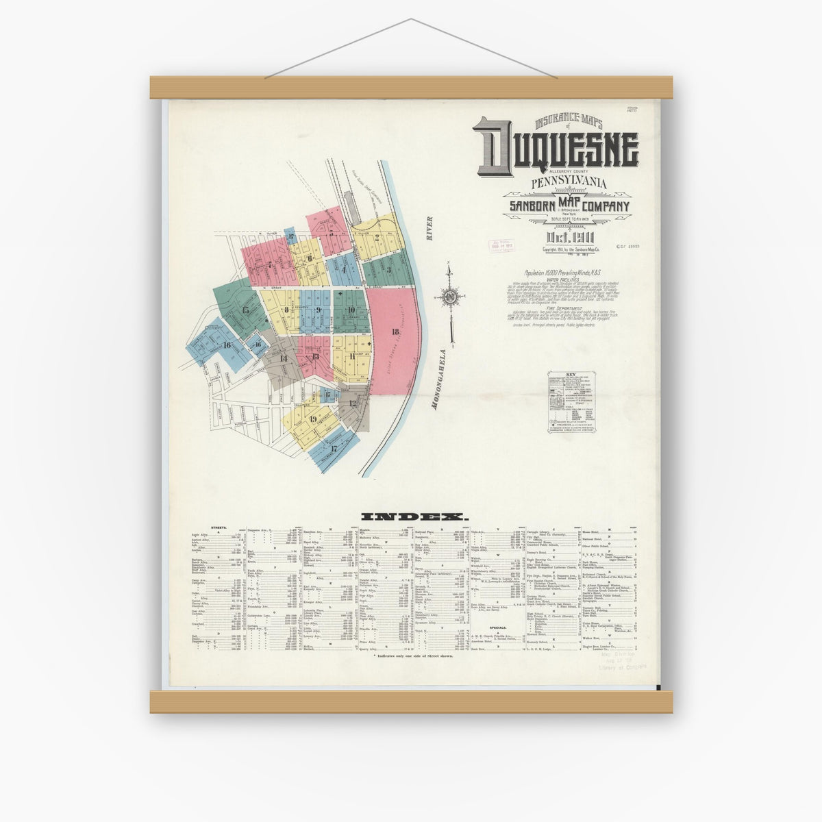 Old map wall art mockup — magnetic wood frame on white wall — Sanborn Fire Insurance Map from Duquesne, Allegheny County, Pennsylvania (1911), Sheet #0001