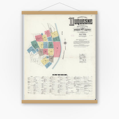 Old map wall art mockup — magnetic wood frame on white wall — Sanborn Fire Insurance Map from Duquesne, Allegheny County, Pennsylvania (1911), Sheet #0001