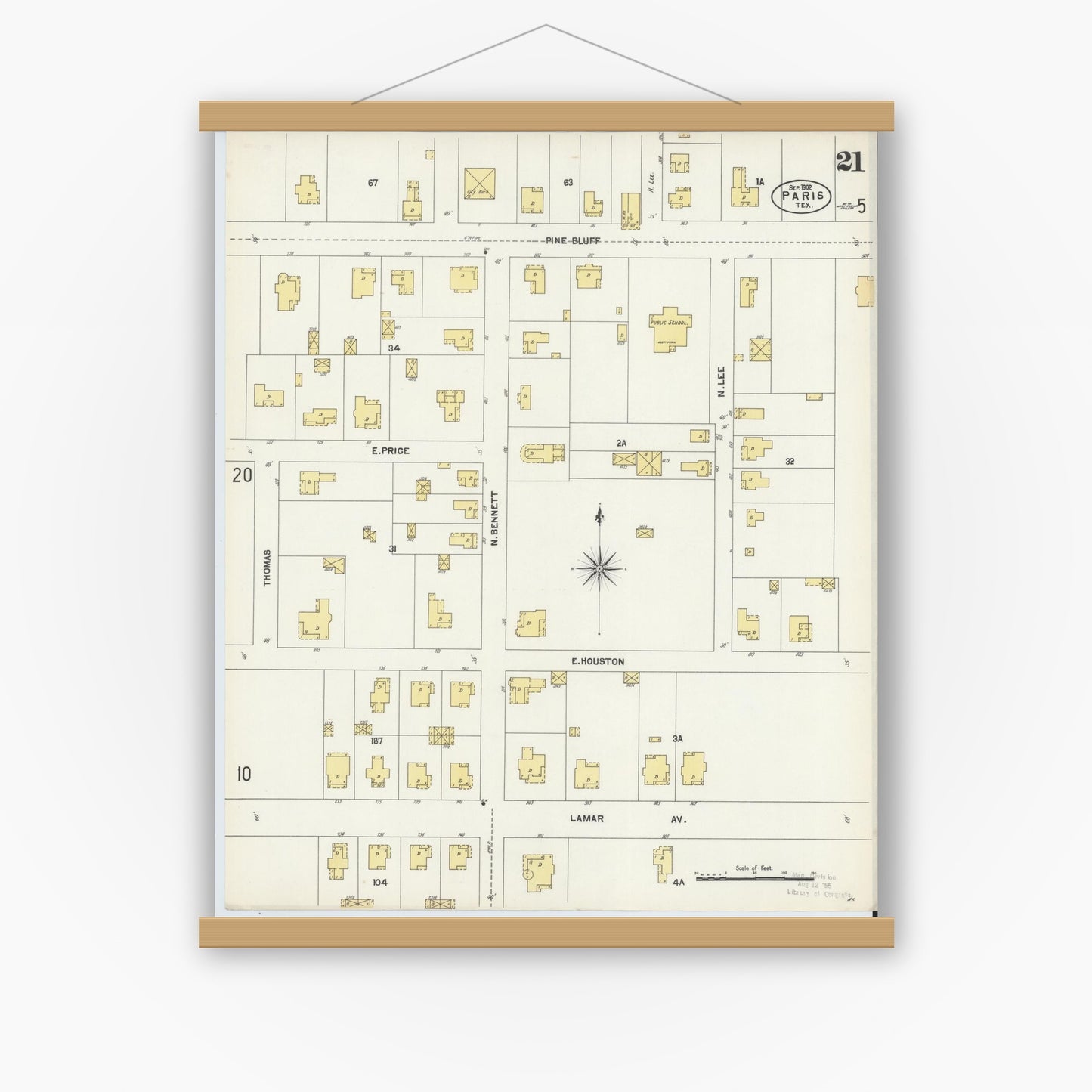 Old map wall art mockup — magnetic wood frame on white wall — Sanborn Fire Insurance Map from Paris, Lamar County, Texas (1902), Sheet #0021