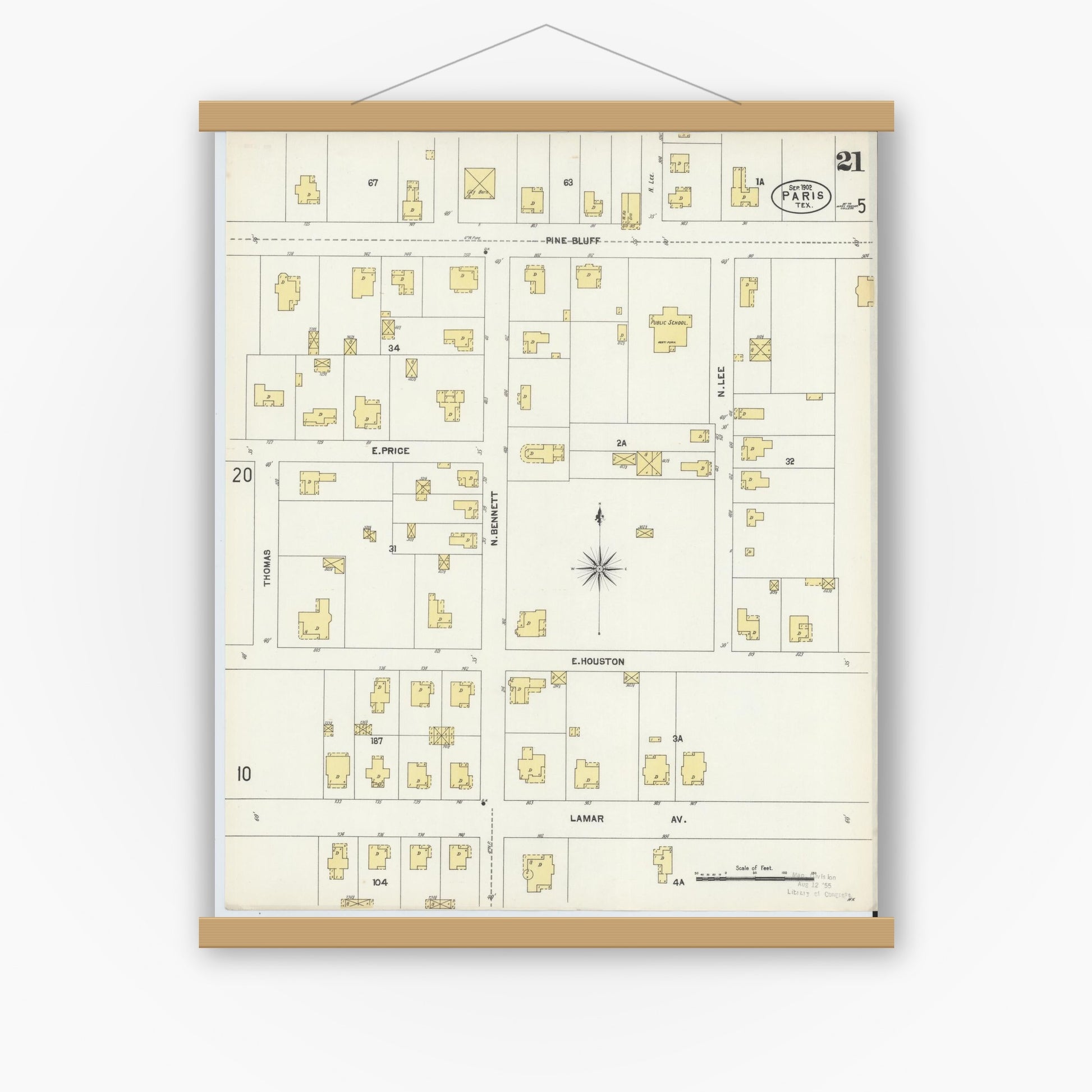 Old map wall art mockup — magnetic wood frame on white wall — Sanborn Fire Insurance Map from Paris, Lamar County, Texas (1902), Sheet #0021