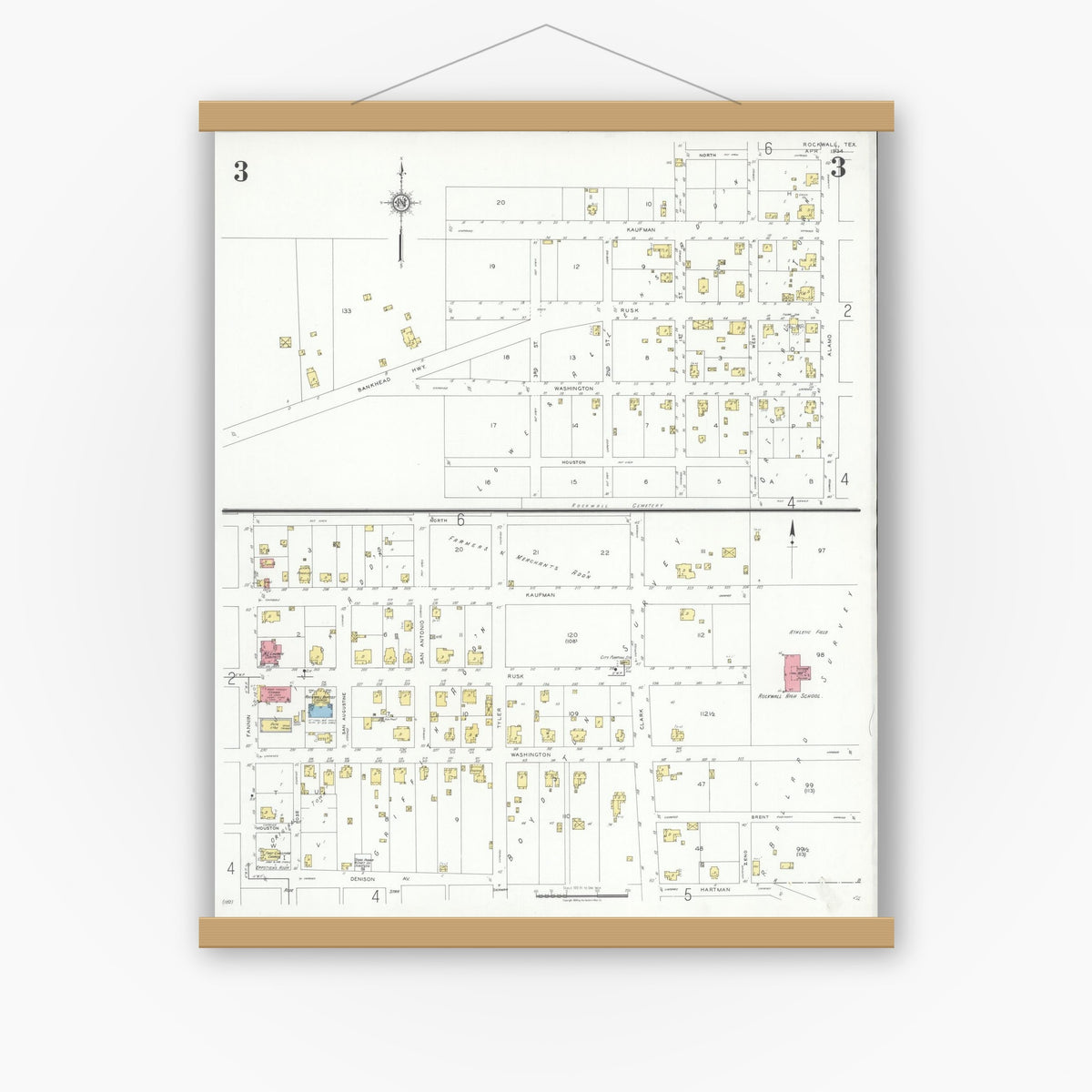 Old map wall art mockup — magnetic wood frame on white wall — Sanborn Fire Insurance Map from Rockwall, Rockwall County, Texas (1934), Sheet #0003