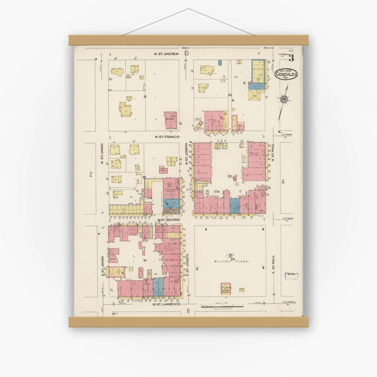 Old map wall art mockup — magnetic wood frame on white wall — Sanborn Fire Insurance Map from Gonzales, Gonzales County, Texas (1922), Sheet #0003