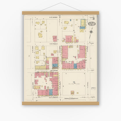 Old map wall art mockup — magnetic wood frame on white wall — Sanborn Fire Insurance Map from Gonzales, Gonzales County, Texas (1922), Sheet #0003