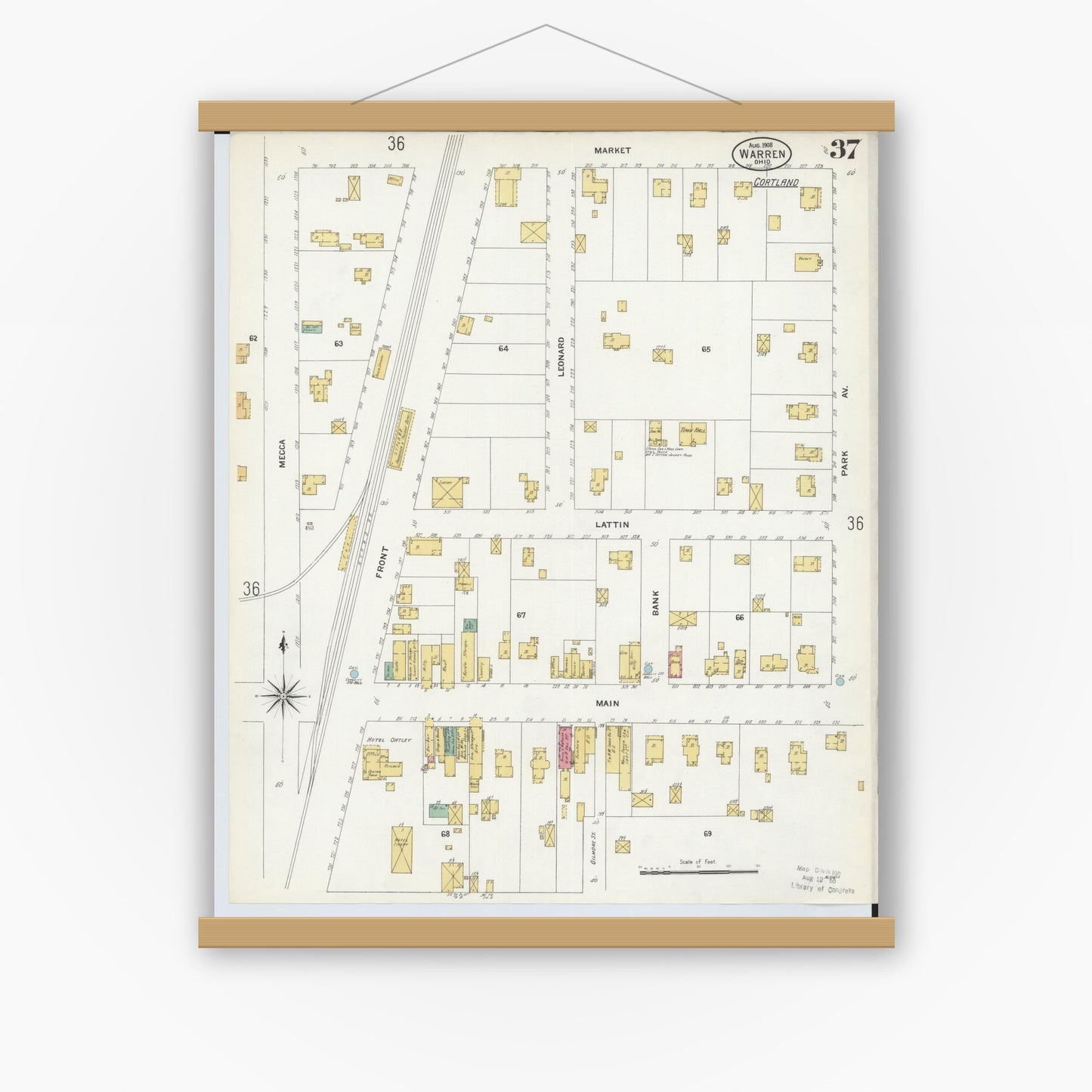 Old map wall art mockup — magnetic wood frame on white wall — Sanborn Fire Insurance Map from Warren, Trumbull County, Ohio (1908), Sheet #0037