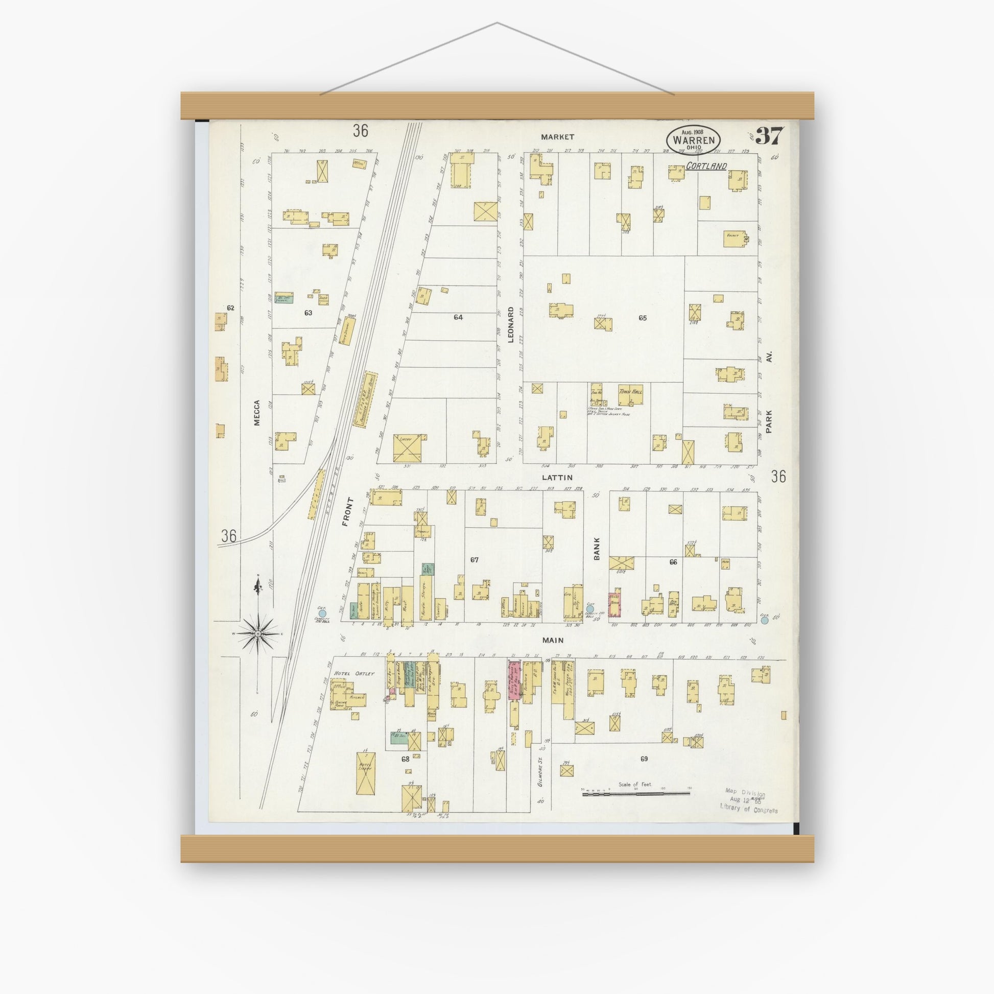 Old map wall art mockup — magnetic wood frame on white wall — Sanborn Fire Insurance Map from Warren, Trumbull County, Ohio (1908), Sheet #0037
