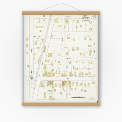 Old map wall art mockup — magnetic wood frame on white wall — Sanborn Fire Insurance Map from Warren, Trumbull County, Ohio (1908), Sheet #0037