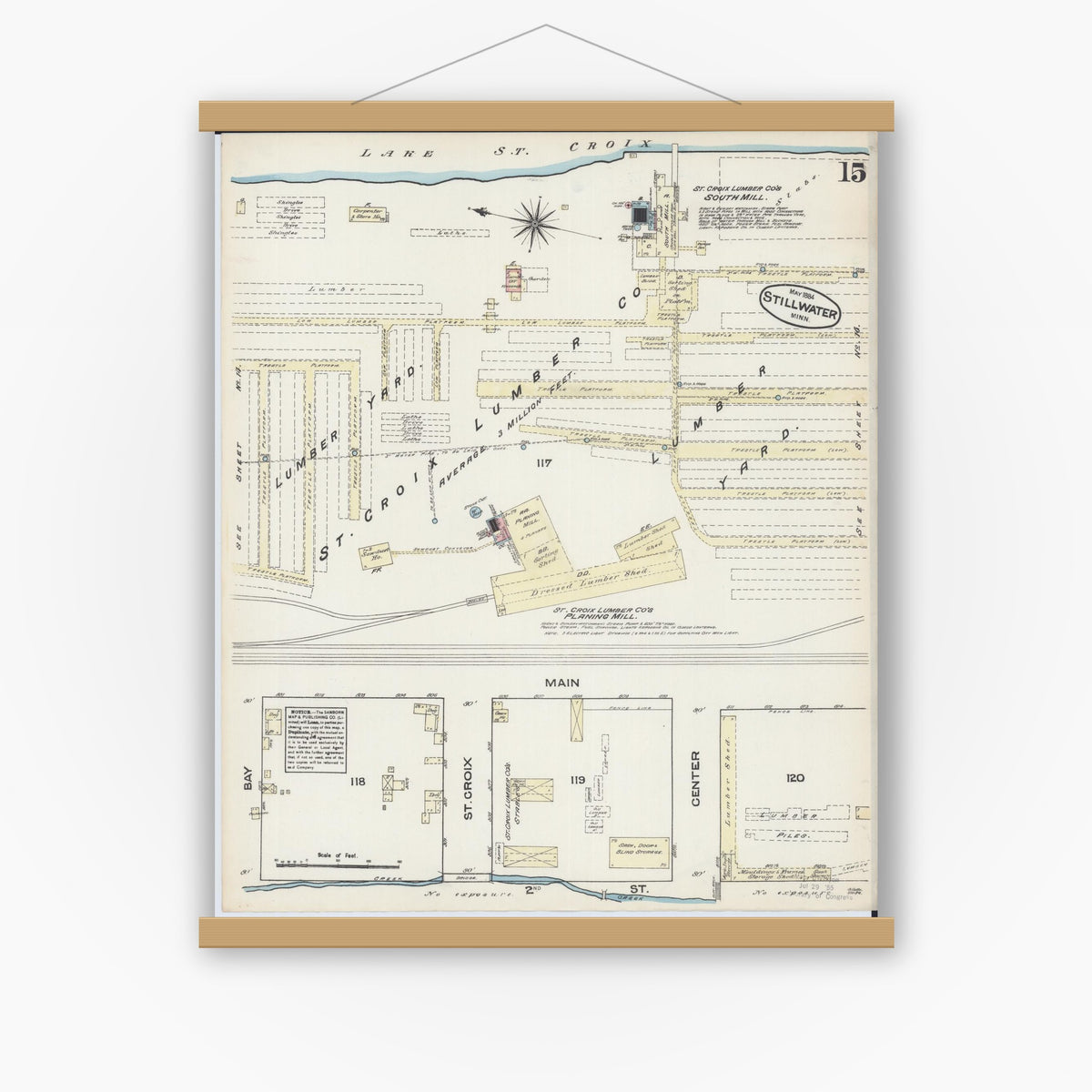 Old map wall art mockup — magnetic wood frame on white wall — Sanborn Fire Insurance Map from Stillwater, Washington County, Minnesota (1884), Sheet #0015