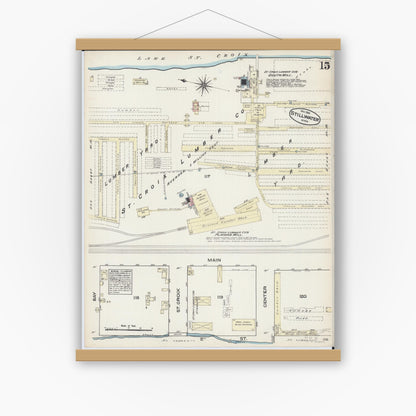 Old map wall art mockup — magnetic wood frame on white wall — Sanborn Fire Insurance Map from Stillwater, Washington County, Minnesota (1884), Sheet #0015