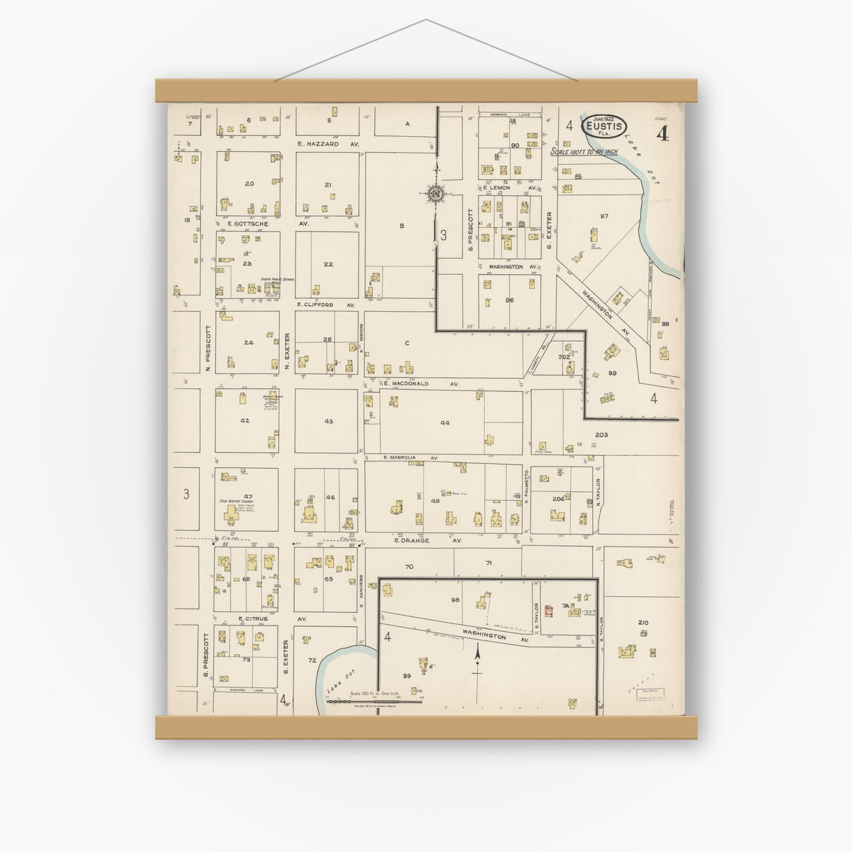 Old map wall art mockup — magnetic wood frame on white wall — Sanborn Fire Insurance Map from Eustis, Lake County, Florida (1922), Sheet #0004