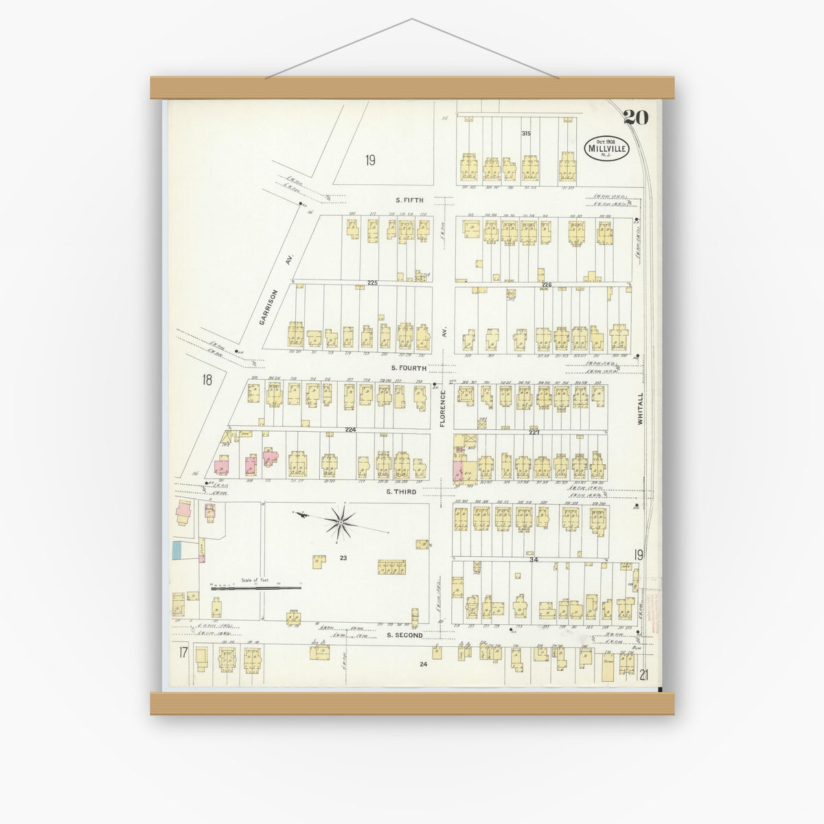 Old map wall art mockup — magnetic wood frame on white wall — Sanborn Fire Insurance Map from Millville, Cumberland County, New Jersey (1908), Sheet #0020