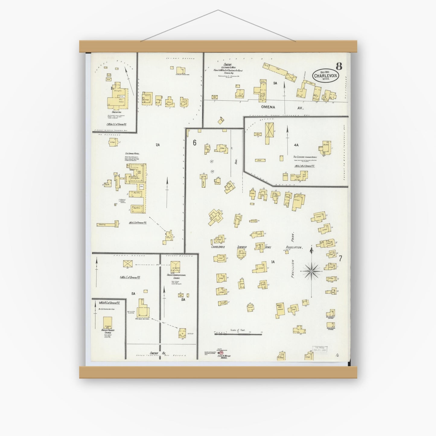 Old map wall art mockup — magnetic wood frame on white wall — Sanborn Fire Insurance Map from Charlevoix, Charlevoix County, Michigan (1901), Sheet #0008
