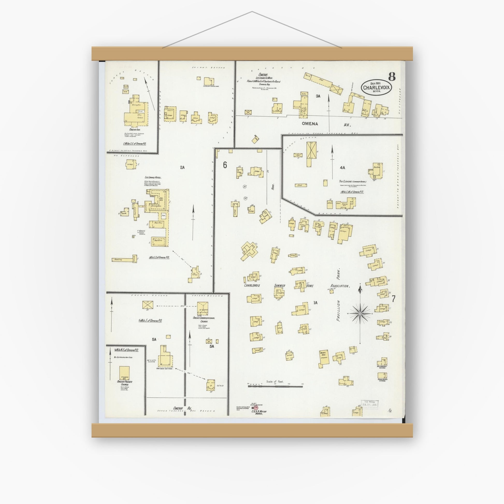 Old map wall art mockup — magnetic wood frame on white wall — Sanborn Fire Insurance Map from Charlevoix, Charlevoix County, Michigan (1901), Sheet #0008
