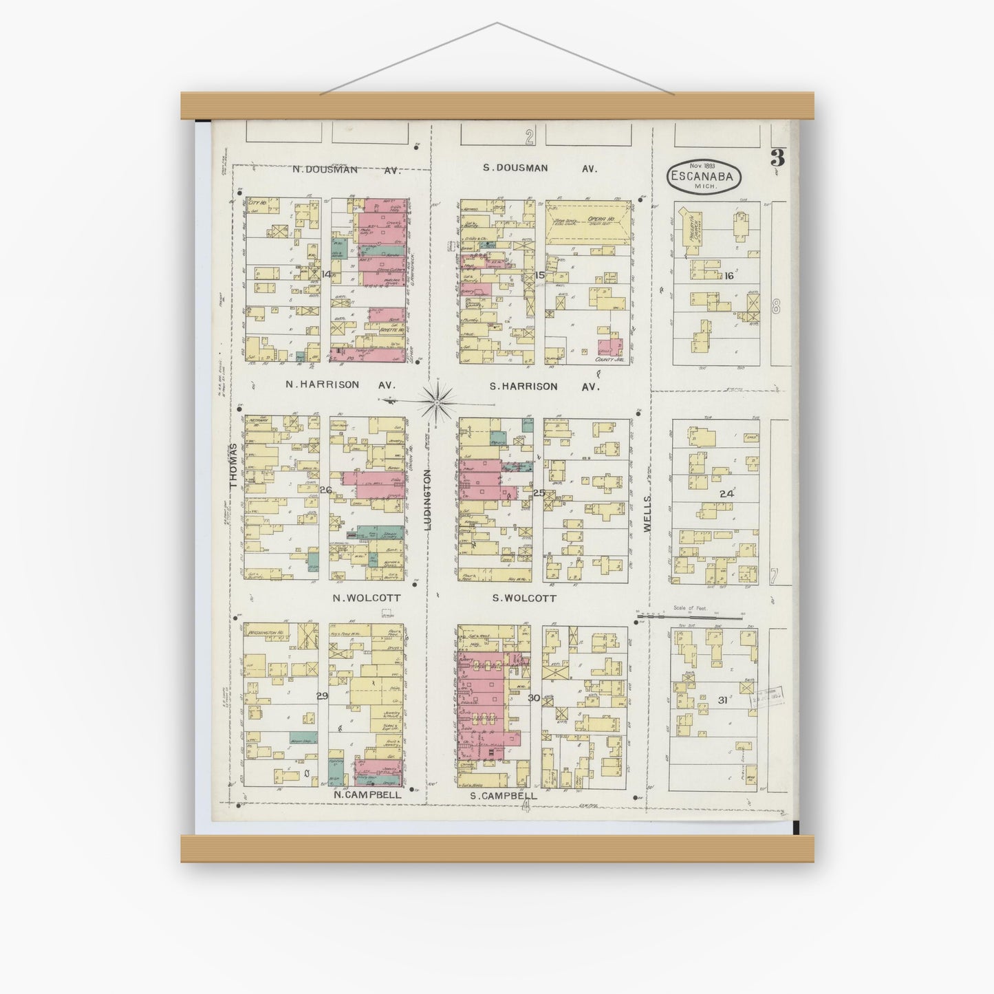 Old map wall art mockup — magnetic wood frame on white wall — Sanborn Fire Insurance Map from Escanaba, Delta County, Michigan (1893), Sheet #0003