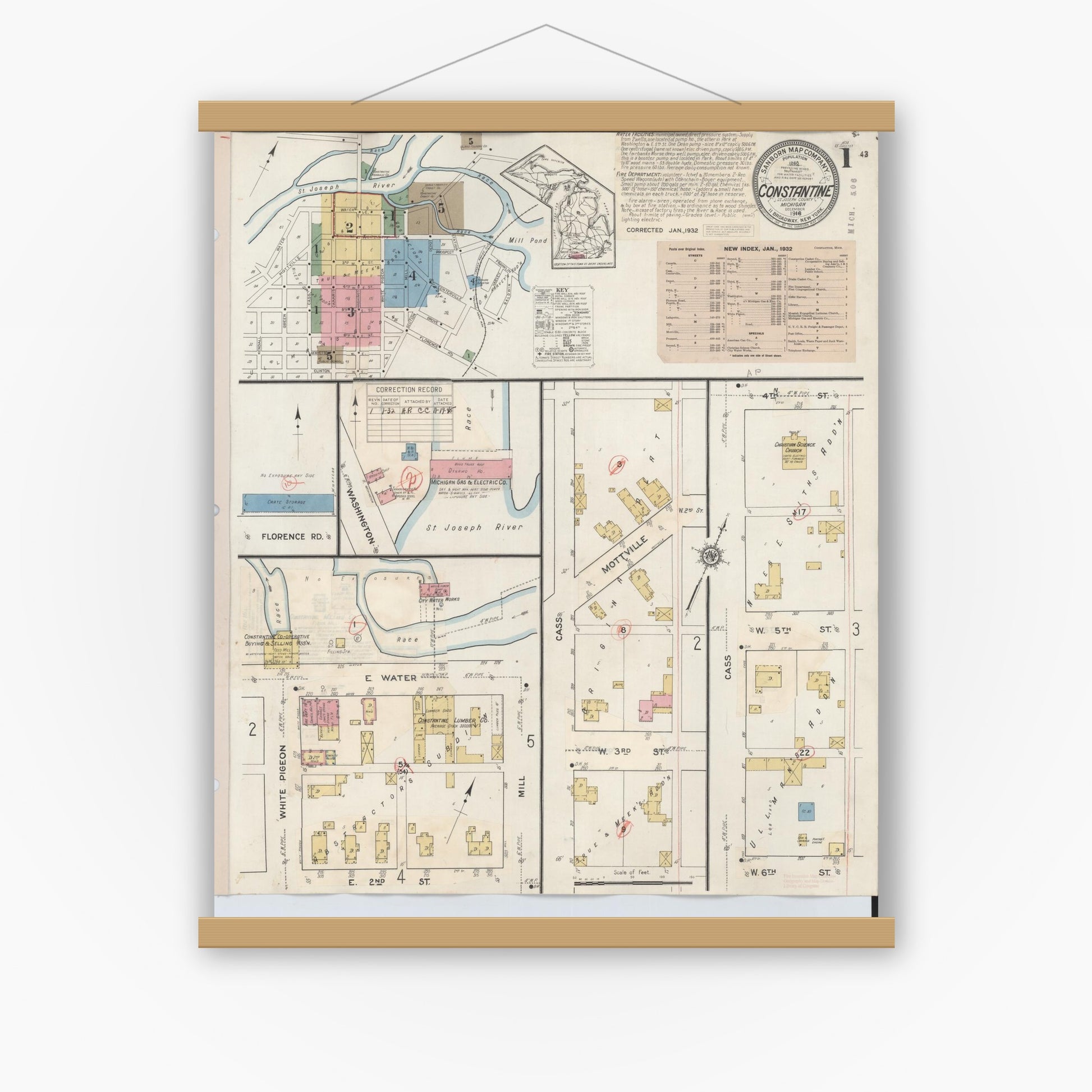 Old map wall art mockup — magnetic wood frame on white wall — Sanborn Fire Insurance Map from Constantine, Saint Joseph County, Michigan (1932), Sheet #0001