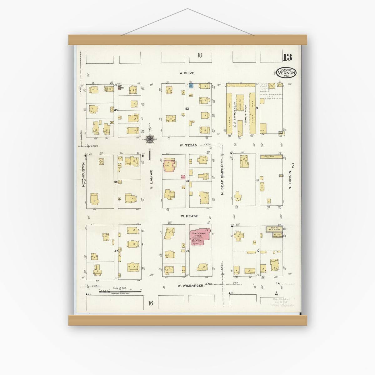 Old map wall art mockup — magnetic wood frame on white wall — Sanborn Fire Insurance Map from Vernon, Wilbarger County, Texas (1920), Sheet #0013