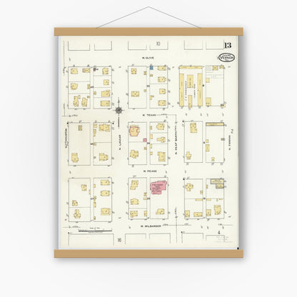 Old map wall art mockup — magnetic wood frame on white wall — Sanborn Fire Insurance Map from Vernon, Wilbarger County, Texas (1920), Sheet #0013