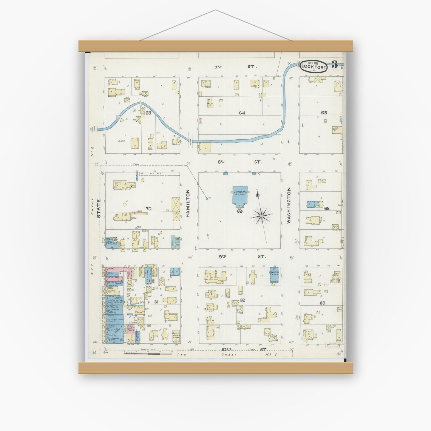 Old map wall art mockup — magnetic wood frame on white wall — Sanborn Fire Insurance Map from Lockport, Will County, Illinois (1891), Sheet #0003