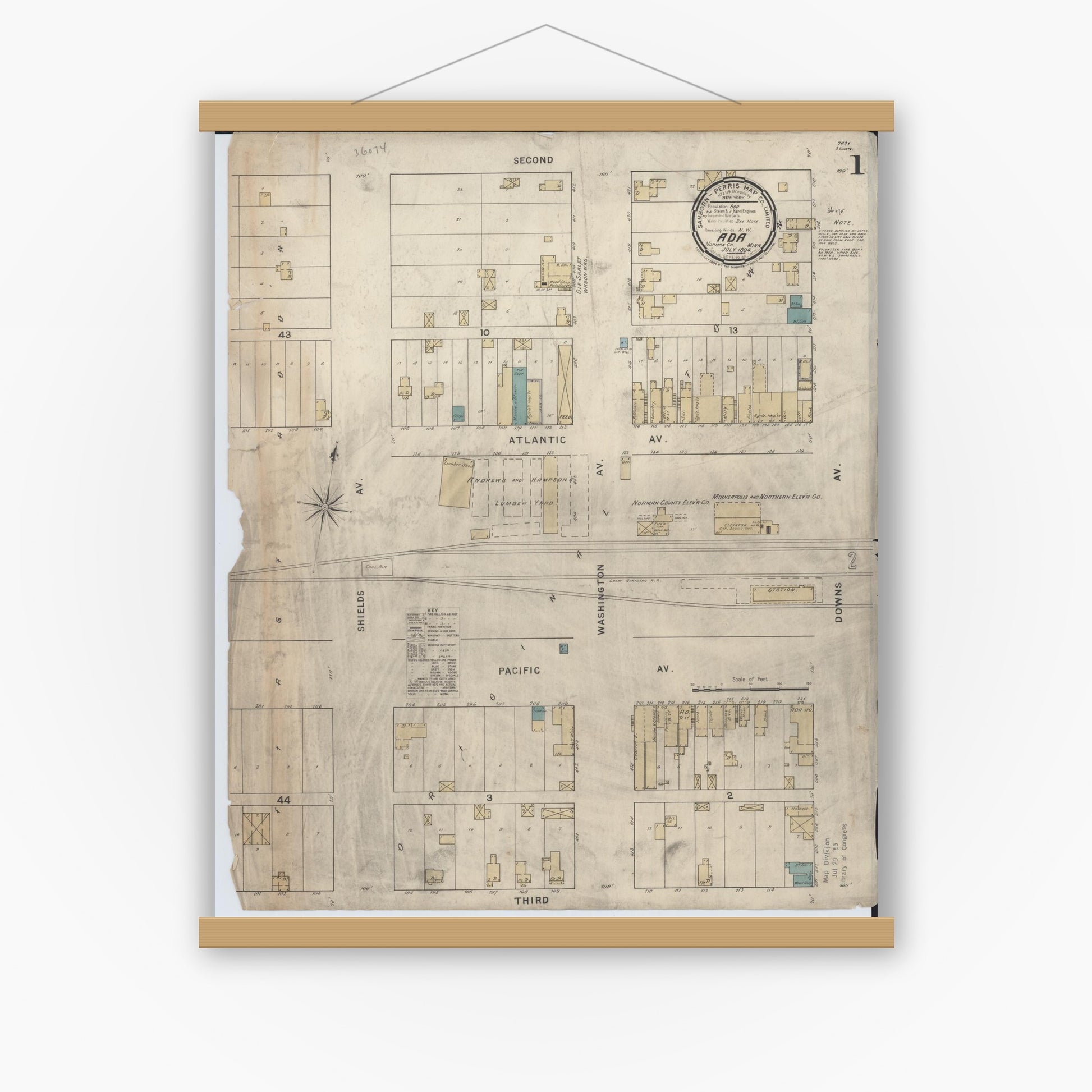 Old map wall art mockup — magnetic wood frame on white wall — Sanborn Fire Insurance Map from Ada, Norman County, Minnesota (1894), Sheet #0001