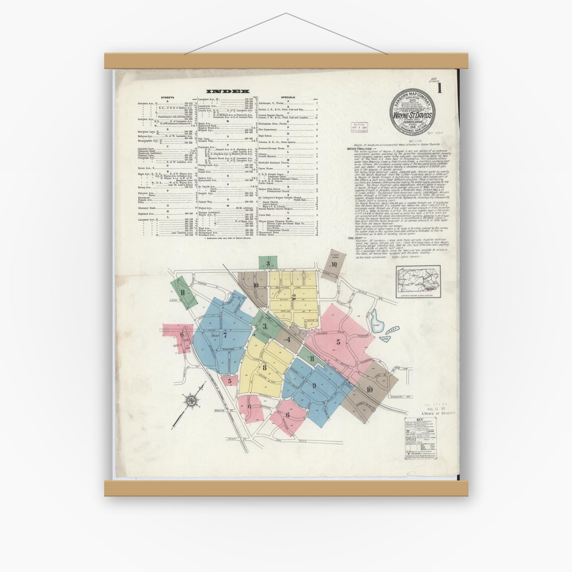 Old map wall art mockup — magnetic wood frame on white wall — Sanborn Fire Insurance Map from Wayne, Delaware County, Pennsylvania (1914) - Complete Map Set