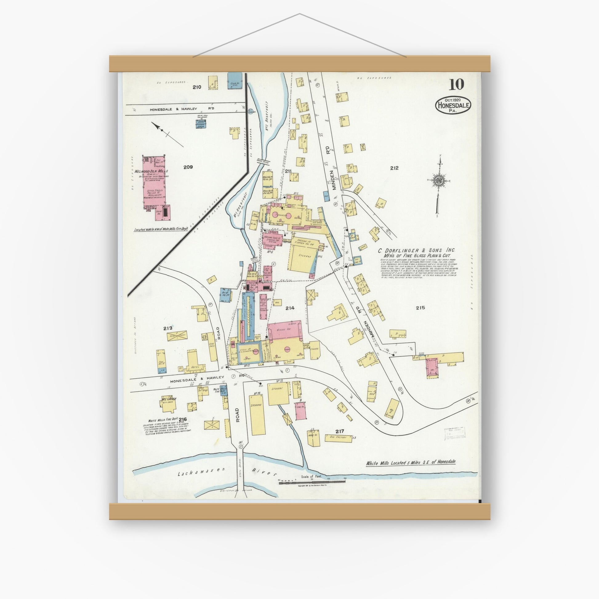 Old map wall art mockup — magnetic wood frame on white wall — Sanborn Fire Insurance Map from Honesdale, Wayne County, Pennsylvania (1920), Sheet #0010