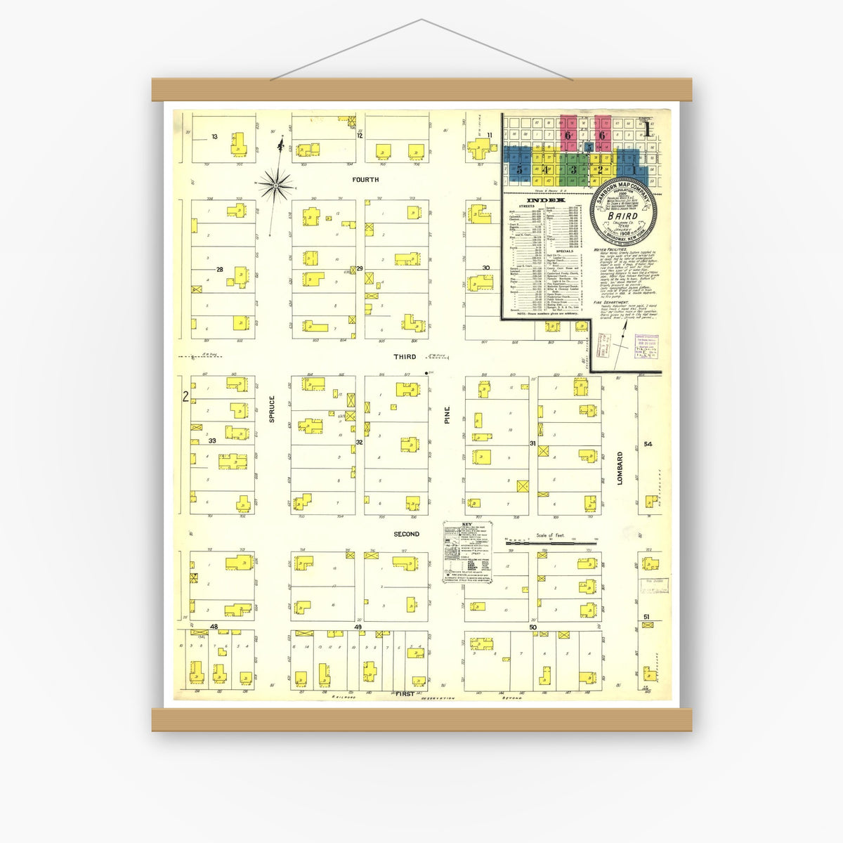 Old map wall art mockup — magnetic wood frame on white wall — Sanborn Fire Insurance Map from Baird, Callahan County, Texas (1908), Sheet #0001