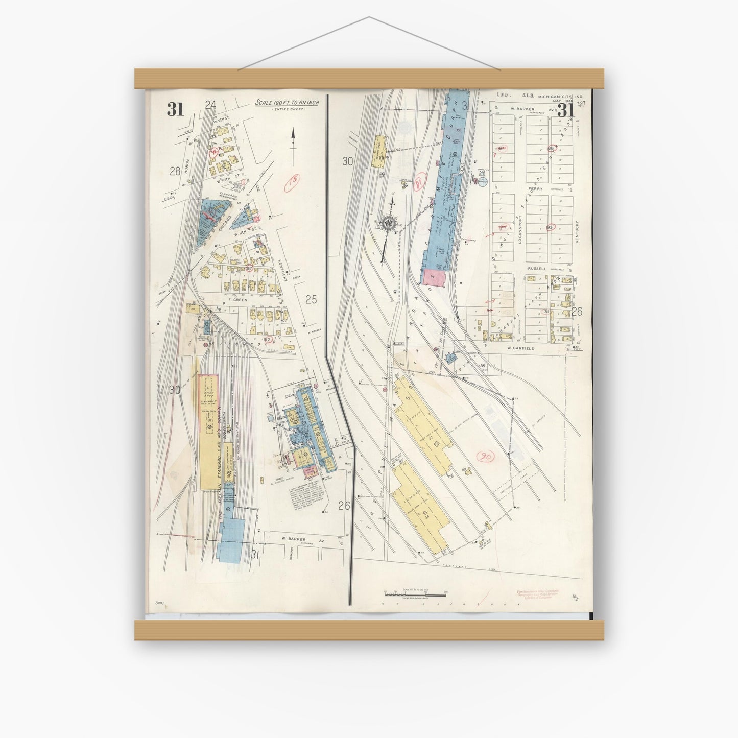 Old map wall art mockup — magnetic wood frame on white wall — Sanborn Fire Insurance Map from Michigan City, La Porte County, Indiana (1948), Sheet #0031