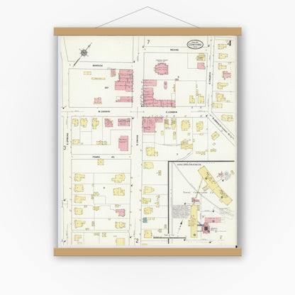 Old map wall art mockup — magnetic wood frame on white wall — Sanborn Fire Insurance Map from Concord, Cabarrus County, North Carolina (1911), Sheet #0004