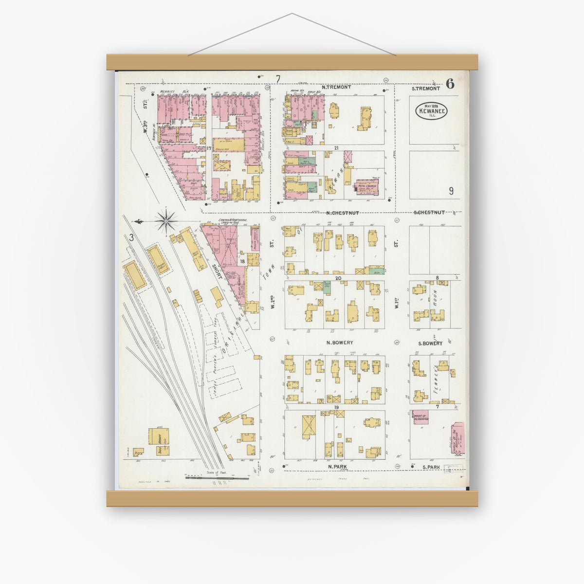 Old map wall art mockup — magnetic wood frame on white wall — Sanborn Fire Insurance Map from Kewanee, Henry County, Illinois (1899), Sheet #0006