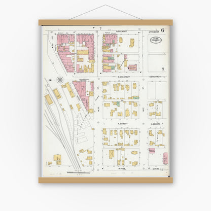 Old map wall art mockup — magnetic wood frame on white wall — Sanborn Fire Insurance Map from Kewanee, Henry County, Illinois (1899), Sheet #0006