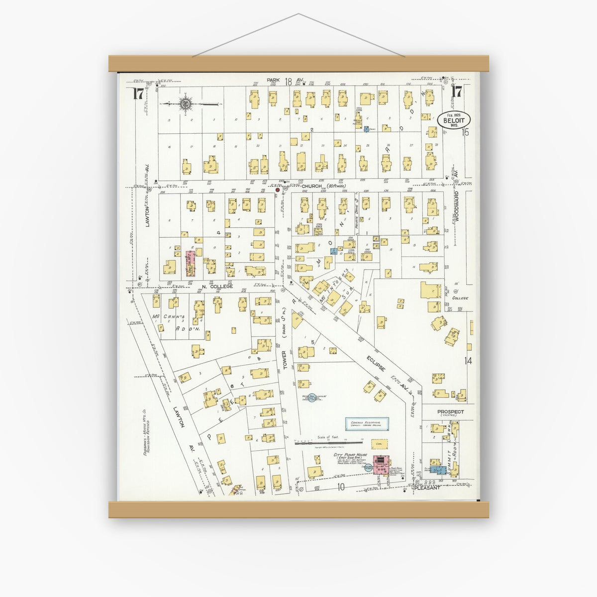 Old map wall art mockup — magnetic wood frame on white wall — Sanborn Fire Insurance Map from Beloit, Rock County, Wisconsin (1926), Sheet #0017
