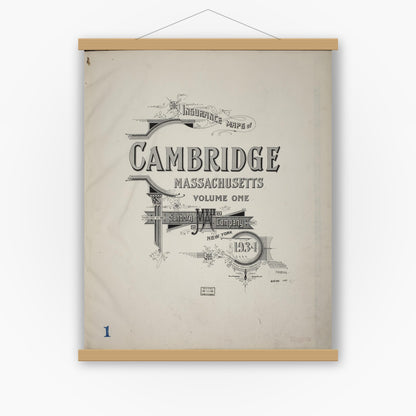 Old map wall art mockup — magnetic wood frame on white wall — Sanborn Fire Insurance Map from Cambridge, Middlesex County, Massachusetts (1934), Sheet #0001