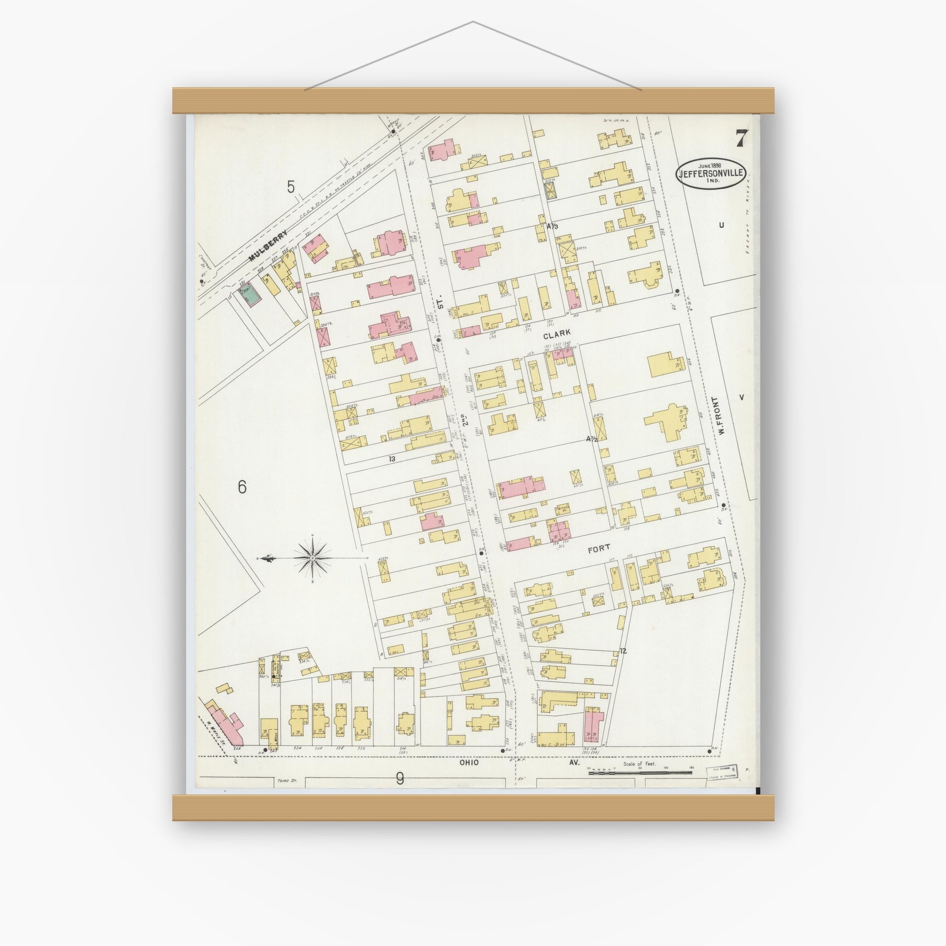 Old map wall art mockup — magnetic wood frame on white wall — Sanborn Fire Insurance Map from Jeffersonville, Clark County, Indiana (1898), Sheet #0007