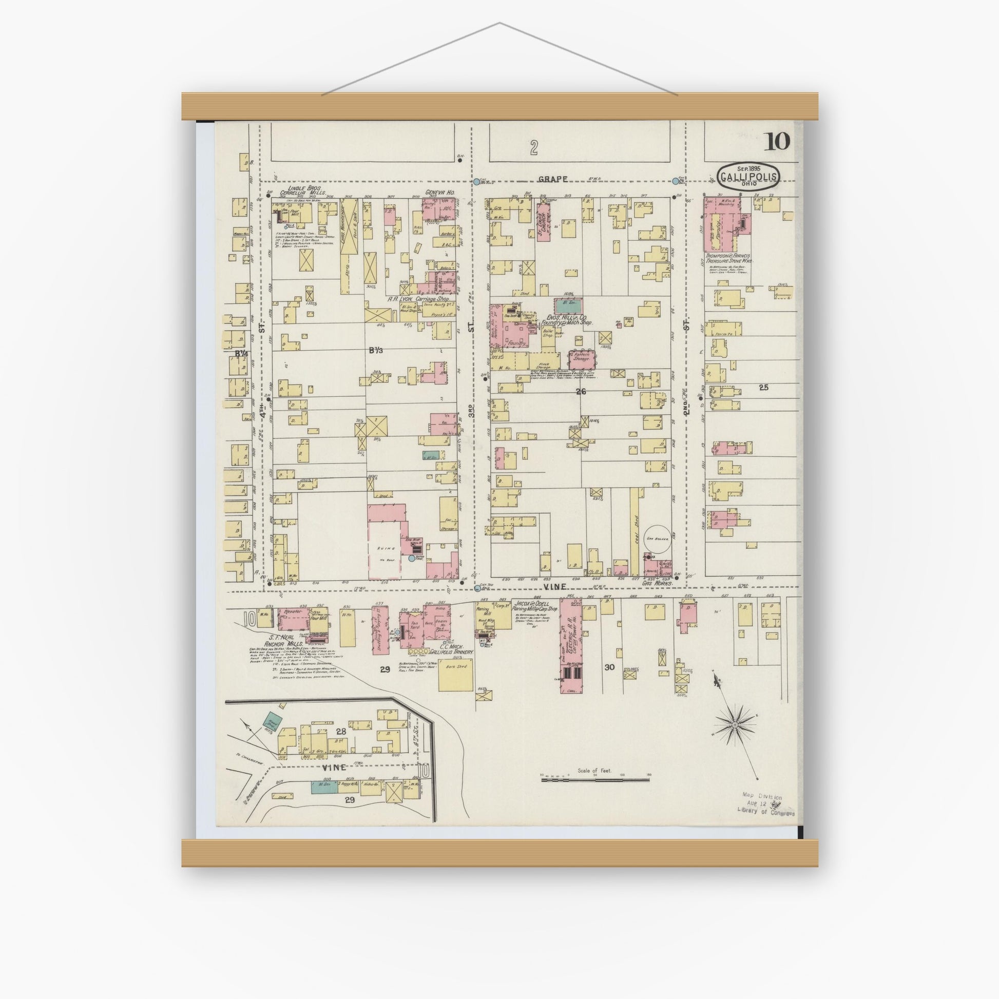 Old map wall art mockup — magnetic wood frame on white wall — Sanborn Fire Insurance Map from Gallipolis, Gallia County, Ohio (1895), Sheet #0010