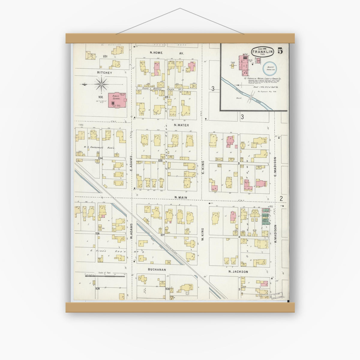 Old map wall art mockup — magnetic wood frame on white wall — Sanborn Fire Insurance Map from Franklin, Johnson County, Indiana (1896), Sheet #0005