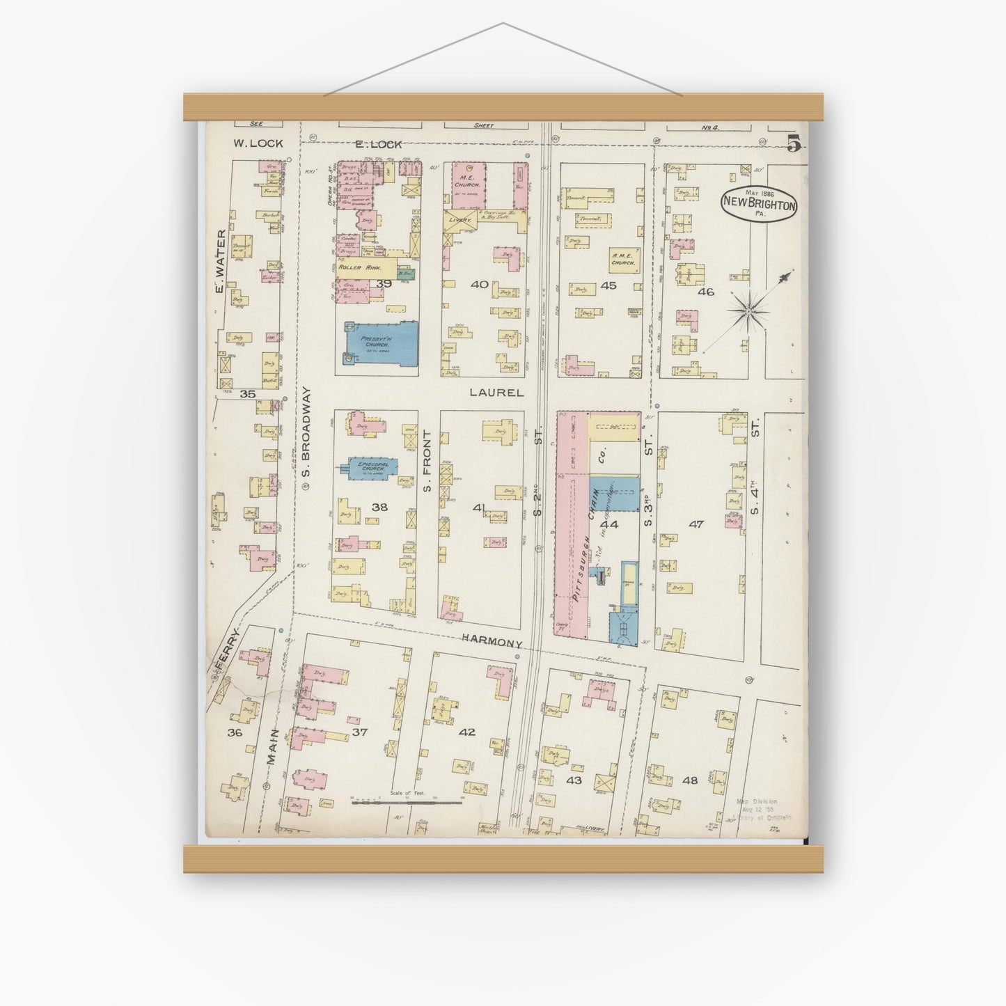 Old map wall art mockup — magnetic wood frame on white wall — Sanborn Fire Insurance Map from New Brighton, Beaver County, Pennsylvania (1886), Sheet #0005