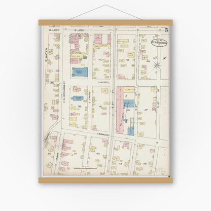 Old map wall art mockup — magnetic wood frame on white wall — Sanborn Fire Insurance Map from New Brighton, Beaver County, Pennsylvania (1886), Sheet #0005