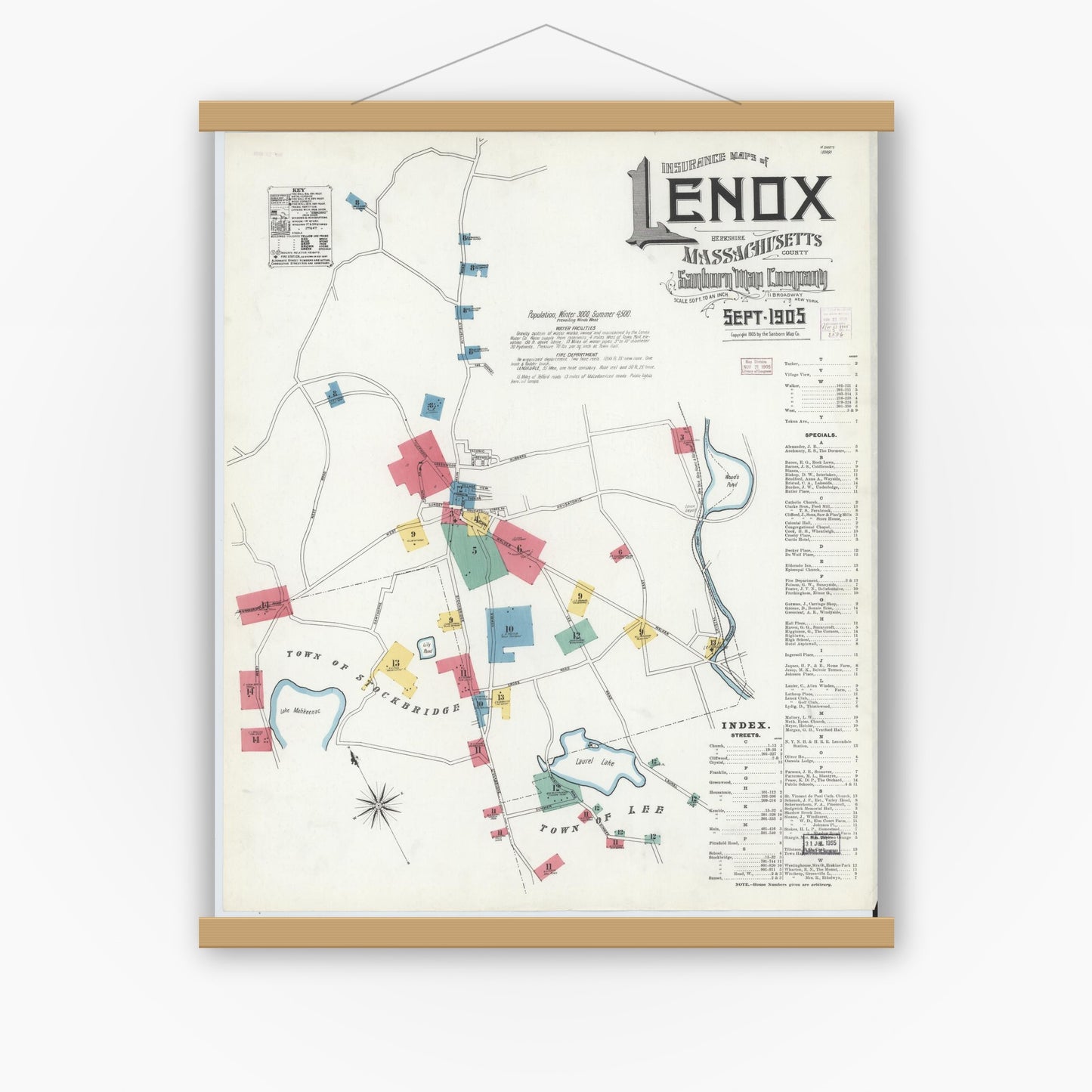 Old map wall art mockup — magnetic wood frame on white wall — Sanborn Fire Insurance Map from Lenox, Berkshire County, Massachusetts (1905) - Complete Map Set