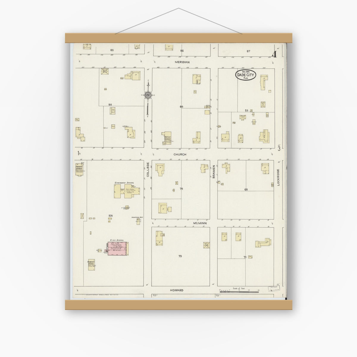 Old map wall art mockup — magnetic wood frame on white wall — Sanborn Fire Insurance Map from Dade City, Pasco County, Florida (1914), Sheet #0004