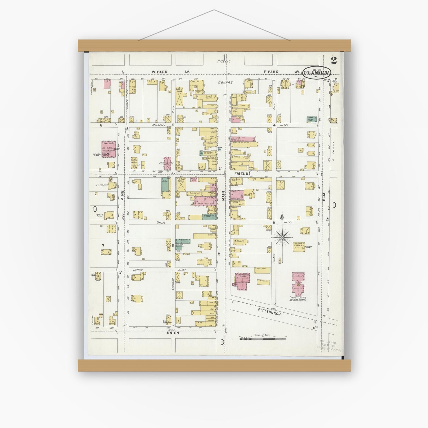 Old map wall art mockup — magnetic wood frame on white wall — Sanborn Fire Insurance Map from Columbiana, Columbiana County, Ohio (1901), Sheet #0002